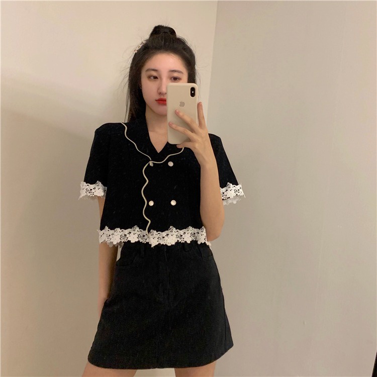 Áo Dệt Kim Ngắn Tay Cổ Búp Bê Phối Ren Lưng Cao Thời Trang