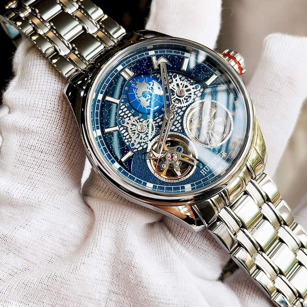 Đồng hồ nam huboler 88821 , máy cơ tự động , lộ hai máy chạy song song , dây thép , size 44mm