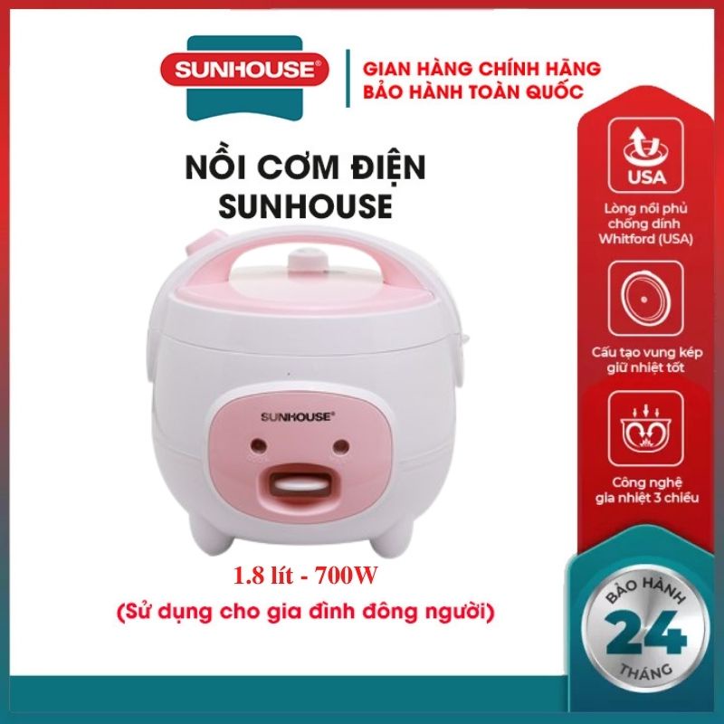 Nồi cơm điện SUNHOUSE SHD8217W-SHD8607W-2022 1.2L 1.8L lòng nồi lớp chống dính siêu bền giữ nhiệt tốt nấu cơm chín nhanh