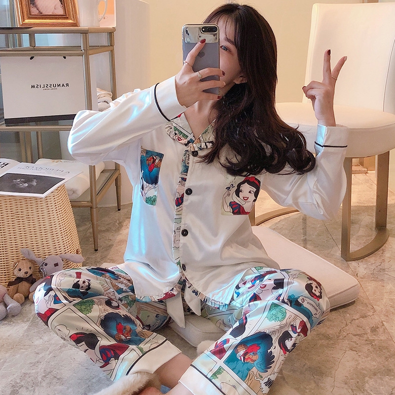 Bộ Đồ Ngủ Dài Tay Bằng Lụa Satin In Họa Tiết Hoạt Hình Cho Nữ