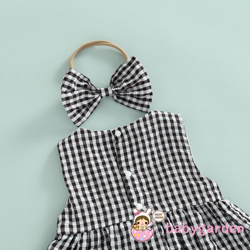 Set Đồ 3 Món Gồm Áo Sát Nách Cổ Tròn Kẻ Sọc Ca Rô + Quần Short Lưng Thun + Băng Đô Dành Cho Bé Gái 0-24 Tháng Tuổi