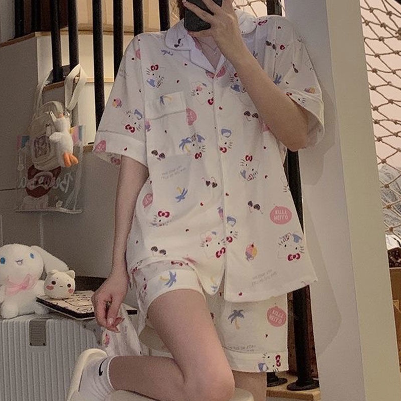 Bộ Đồ Ngủ Ngắn Tay Họa Tiết Hello Kitty Phong Cách Nhật Bản Cho Nữ