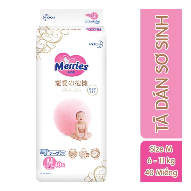 Tã/bỉm dán cao cấp Merries Tender Love size M - 40 miếng (Cho bé 6 - 11kg)
