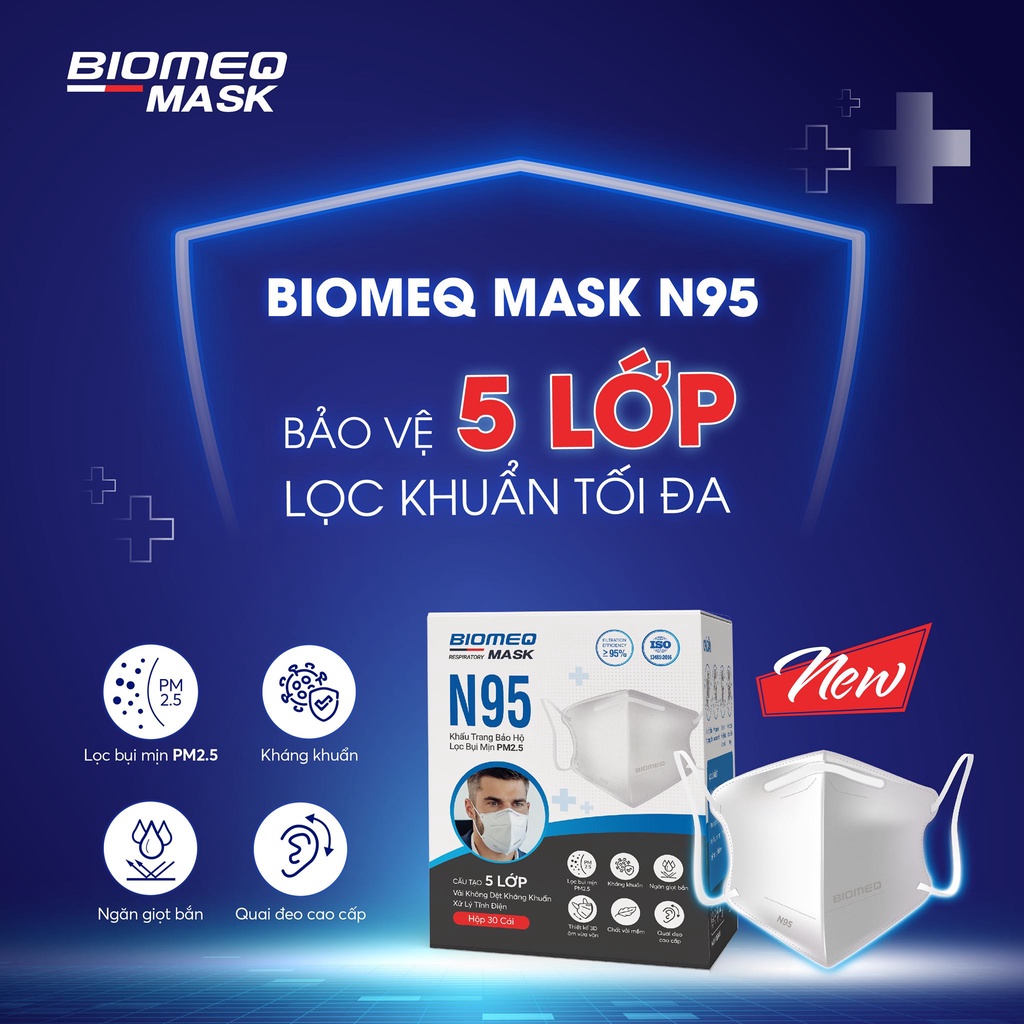 KHẨU TRANG N95 CHÍNH HÃNG Không van 5 lớp BIOMEQ mask - KHÁNG KHUẨN - Chống bụi mịn - Khẩu trang bảo hộ N95 Hộp 30 chiếc