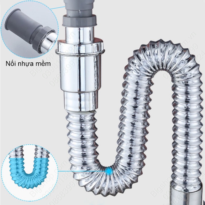 Xi phông chậu rửa mặt lavabo inox 304, Ống thải cho xi phông chậu rửa mặt bằng inox hoặc nhựa uốn cong theo ý muốn