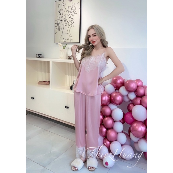 Set lụa mặc nhà, 2 dây quần dài phối ren cao cấp , sang trọng ( mua 2 set tặng kèm 1 tuban)