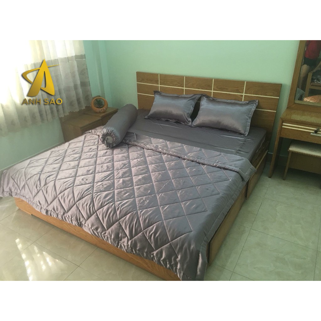 Bộ Chăn Drap Lụa Cao Cấp Ánh Sao Màu Xám Đậm - 1m6x2m/1m8x2m - Mền lồng lớp bông mỏng có chân chỉ hình thoi