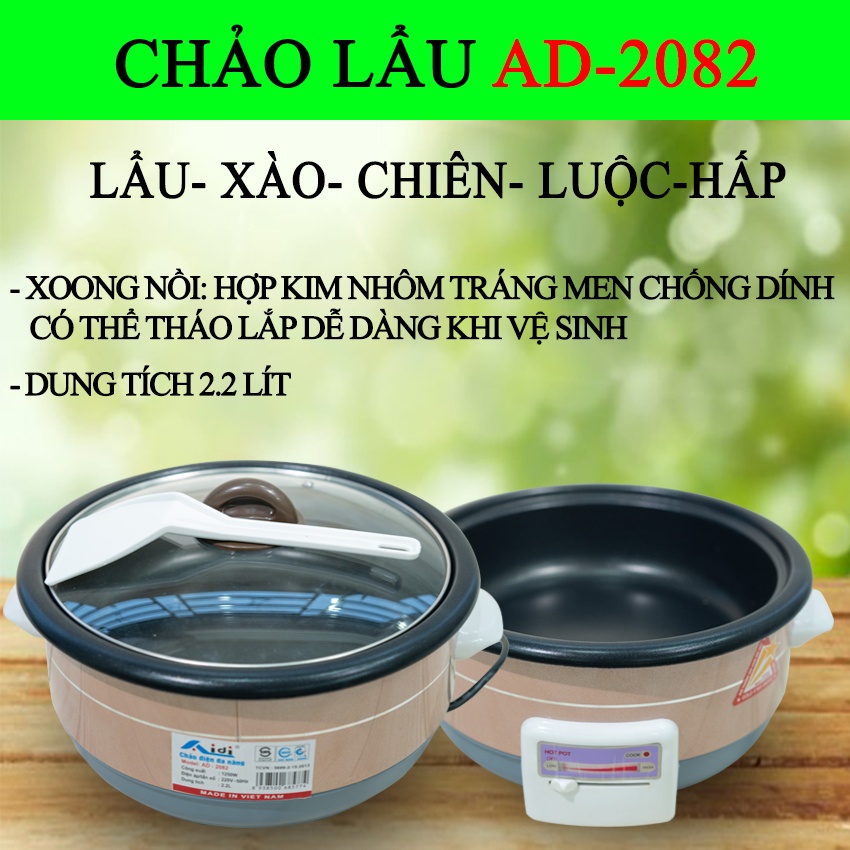 Nồi Lẩu Điện - Chảo Lẩu Điện Đa Năng Aidi 2.2L 2.2 Lít 1250W AD-2082 - Hàng Chính Hãng (Bảo Hành 12 Tháng)