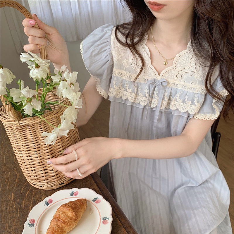 Đồ ngủ Dáng Dài Họa Tiết Sọc Caro Phong Cách Pháp Ngọt Ngào Thời Trang Mùa Hè Cho Nữ