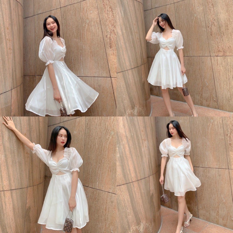 ĐẦM XINH BISTYY DRESS style trắng tinh khôi ngọt ngào 2 lớp vải dày dặn chất vải organa thiết kế cút out phần eo