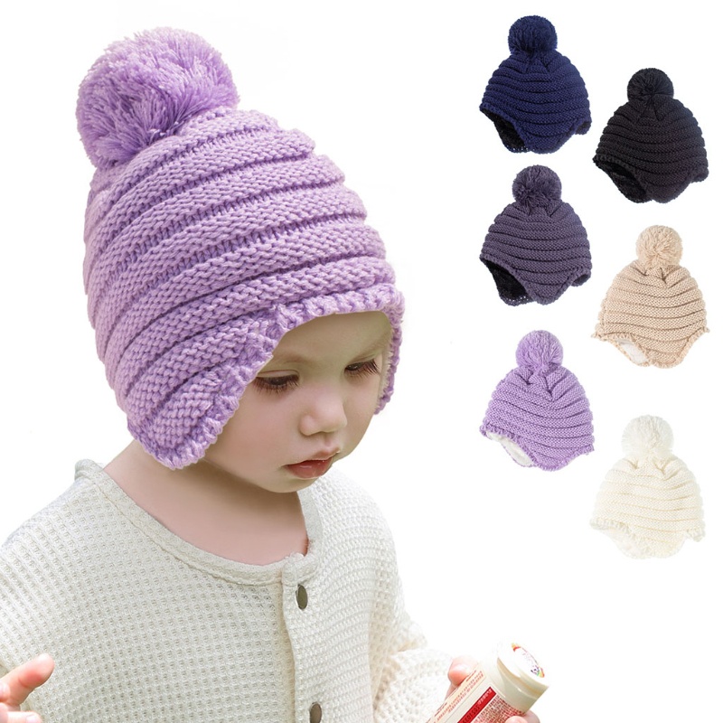 Mũ Beanie Dệt Kim Dày Dặn Giữ Ấm Mùa Đông Kèm Cục Bông Xinh Xắn Cho Bé Sơ Sinh