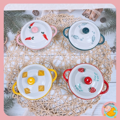 Bát Ăn Dặm,Bát Gốm Sứ Hình Nồi Họa Tiết Có Nắp Cho Bé 250 Goodbabyvn
