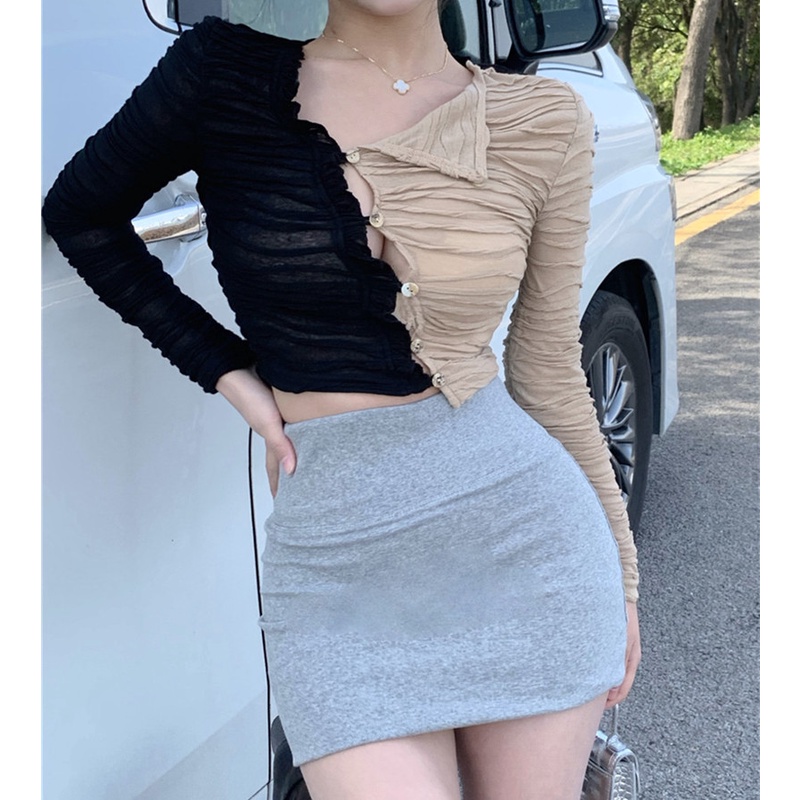 Áo Thun Tay Dài Dáng Ôm Màu Sắc Tương Phản Quyến Rũ Dành Cho Nữ