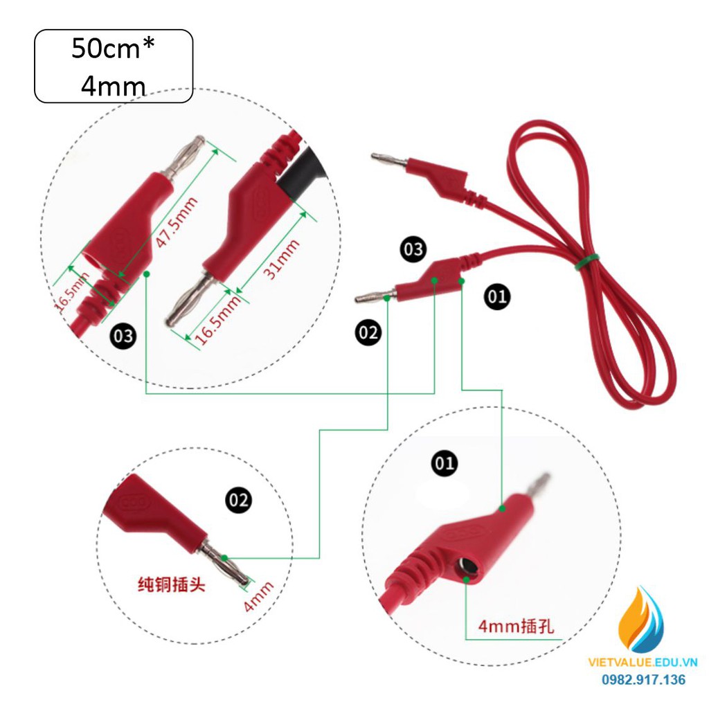 Dây cắm bắp chuối 4mm, nối chồng dây dài 50cm, dây nối thiết bị lắp ráp mạch điện