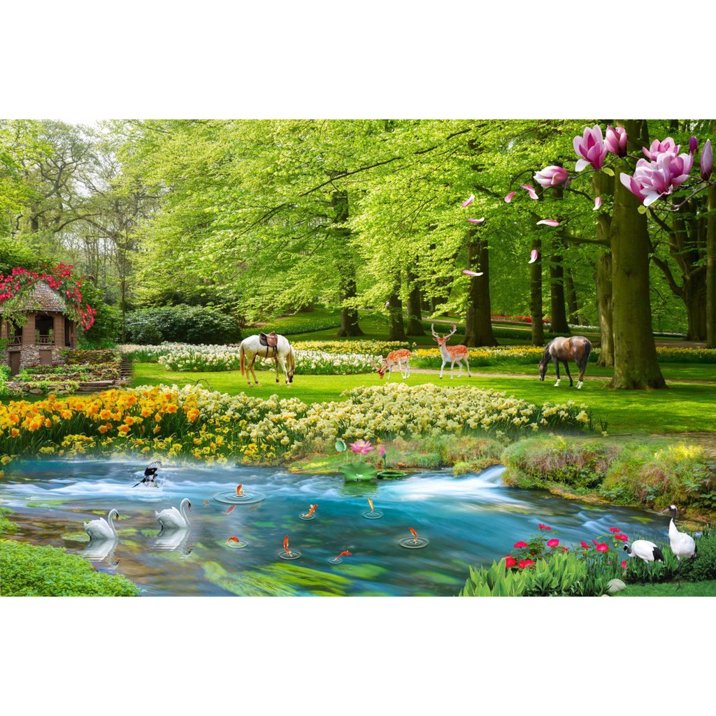 Tranh dán tường 3D phong cảnh mệnh mộc - tranh mệnh mộc - vải lụa kim tuyến - kích thước theo yêu cầu