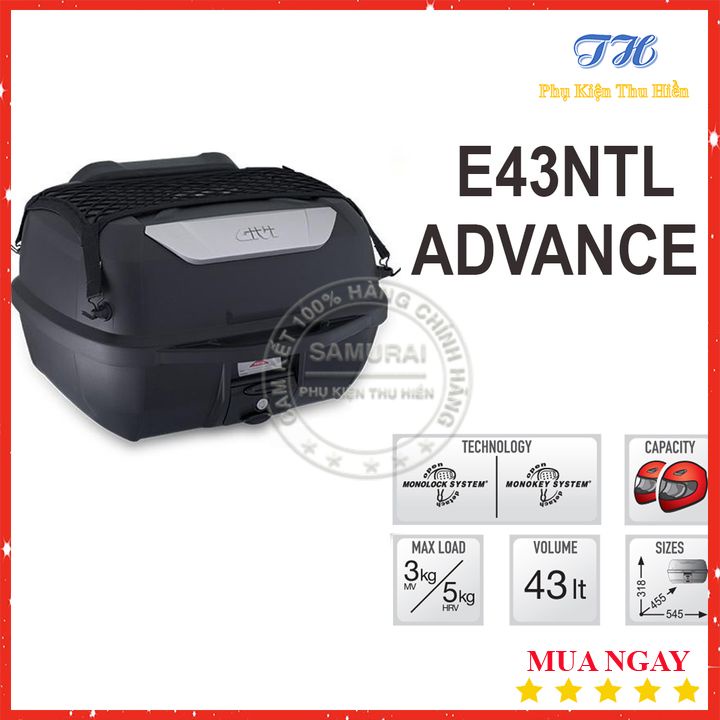 Thùng Givi E43NTL-ADV 43 Lít Mulebox Gắn Sau Xe Máy, Xe Motor Màu Đen Có Full Phụ Kiện Đi Kèm Với Đế Đệm