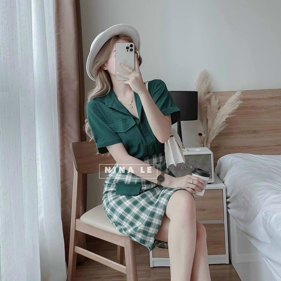 Sét áo kèm chân váy nữ áo sơ mi tay ngắn kèm chân váy caro giả túi