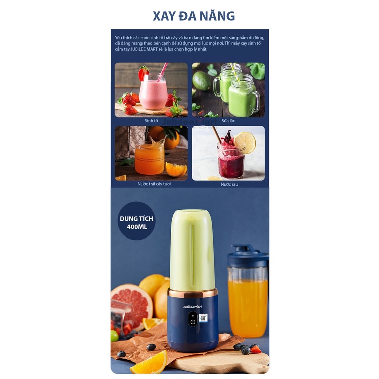 HỎA TỐC 2H - Máy Xay Sinh Tố 6 Lưỡi Cầm Tay Jubilee Mart 300mL Sử Dụng Pin Sạc USB, Xay Đá, Sinh Tố - BẢO HÀNH 12 THÁNG