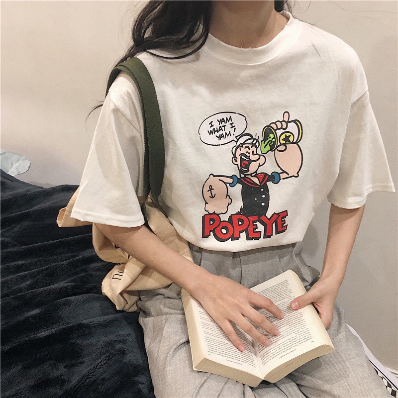 SUXI Áo Thun Tay Ngắn Dáng Rộng In Hoạt Hình Kiểu Retro Hàn Quốc Dễ Thương