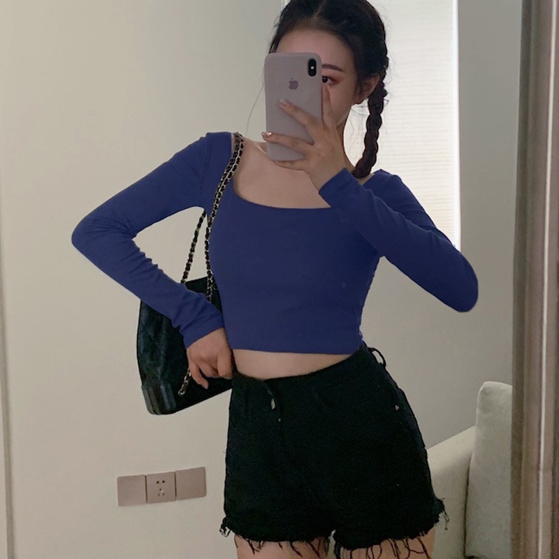 Áo Croptop Tay Dài Cổ Vuông Phong Cách Hàn quốc Madela, Áo Thun Nữ Tay Dài Cổ Vuông