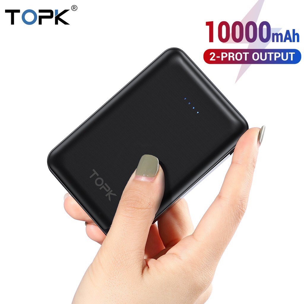 Sạc dự phòng mini Topk 10000 mAh 5V 2.1A - Hỗ trợ sạc 2 thiết bị cùng lúc - Chính hãng