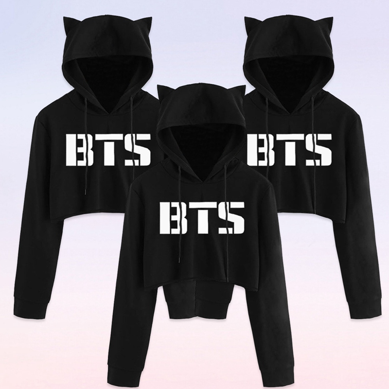 Áo Hoodie Lửng Dài Tay In Hình Bts