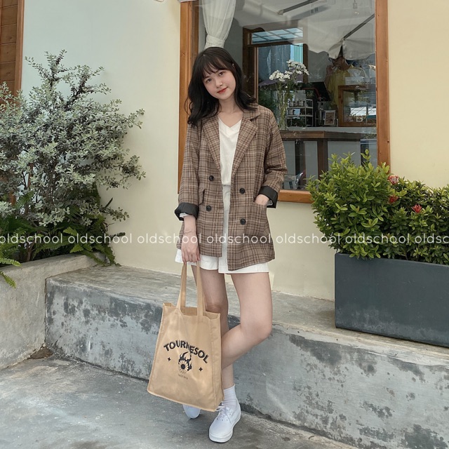ÁO BLAZER 2 LỚP KẺ NÂU CHOCO (ảnh thật/sẵn)