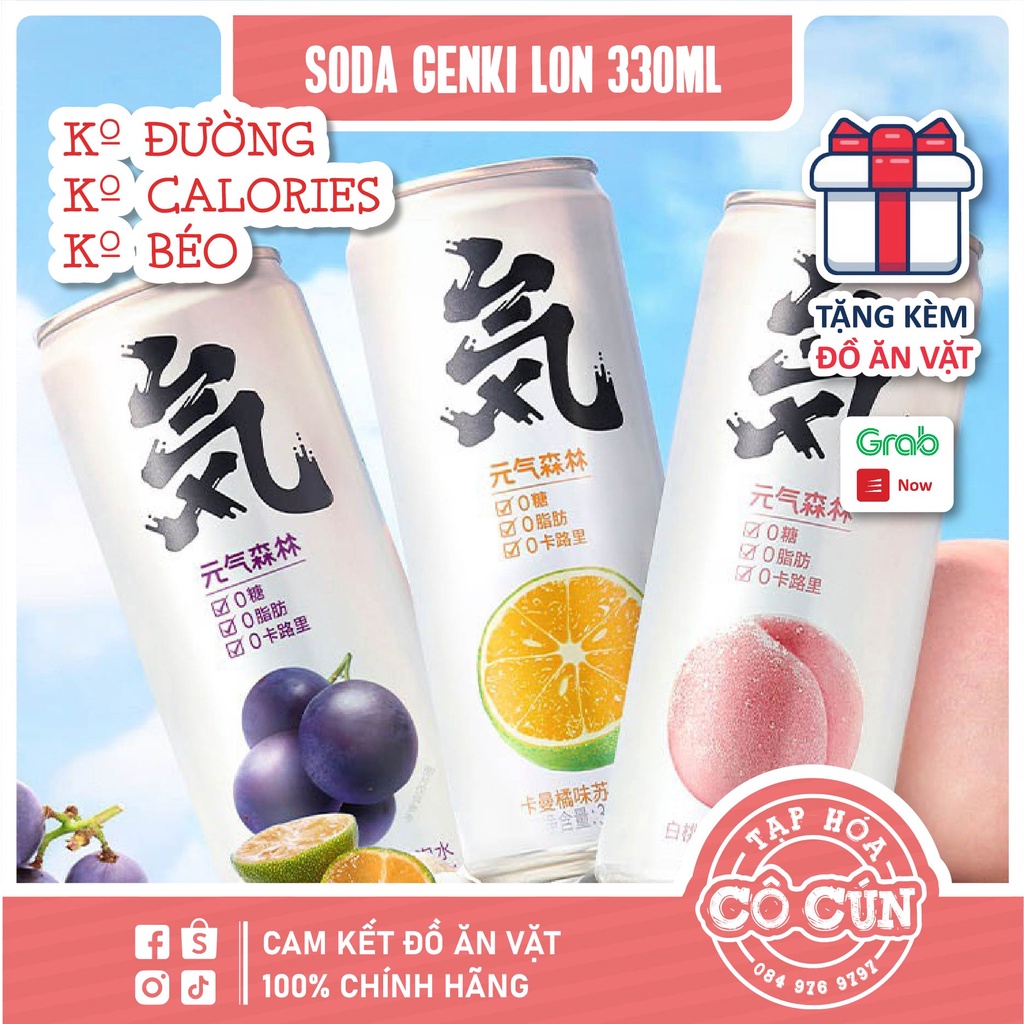 Nước Soda Genki, nước hoa quả có ga - Không béo, không đường, không calo, lon 330ml