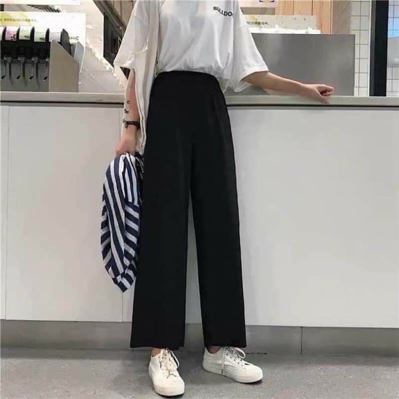 Quần Ống Suông Cạp Chun, Quần Ống Rộng Nữ Màu Đen Ulzzang