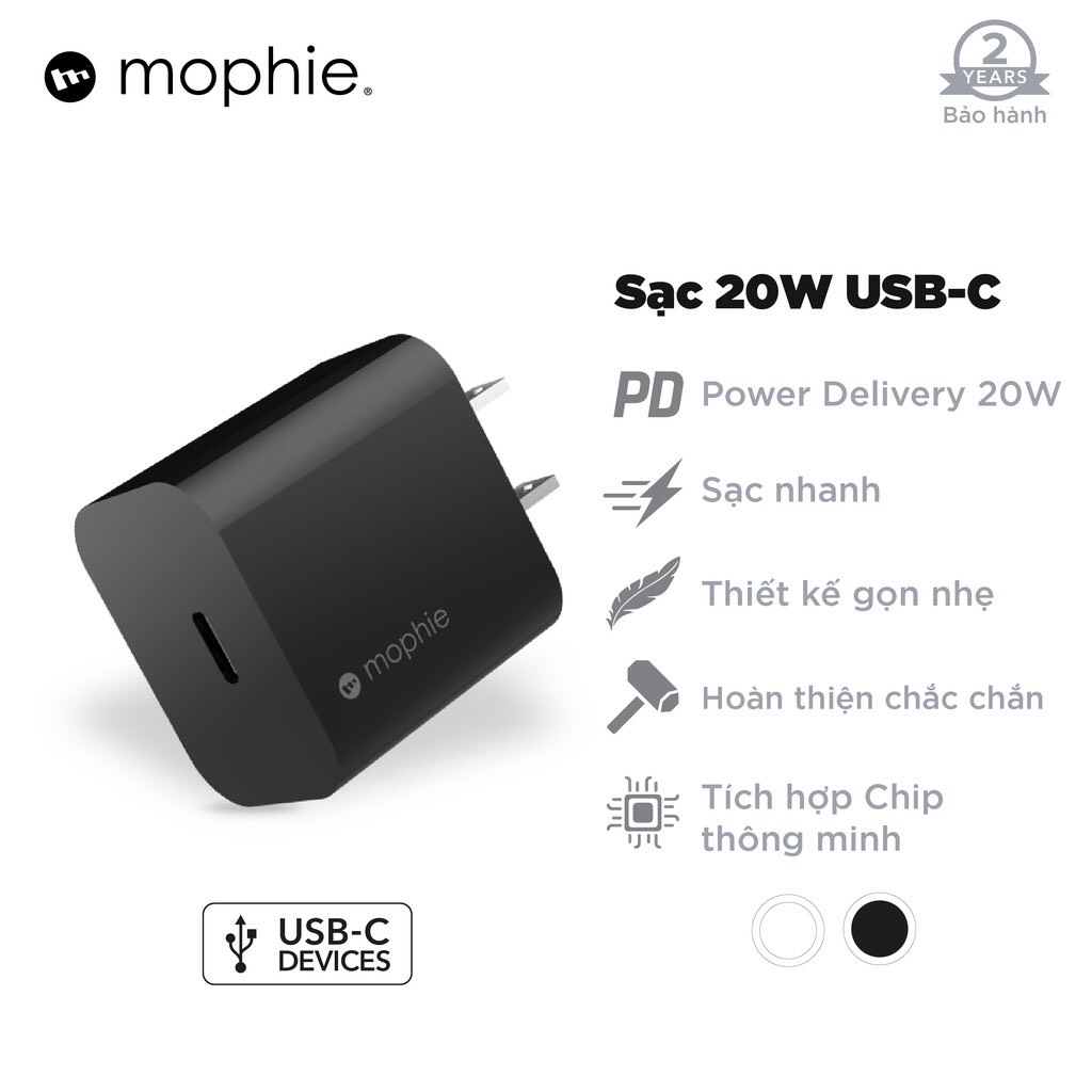 Sạc nhanh Mophie PD 20W 1 USBC Bảo hành 24 Tháng 1 đổi 1 Hàng