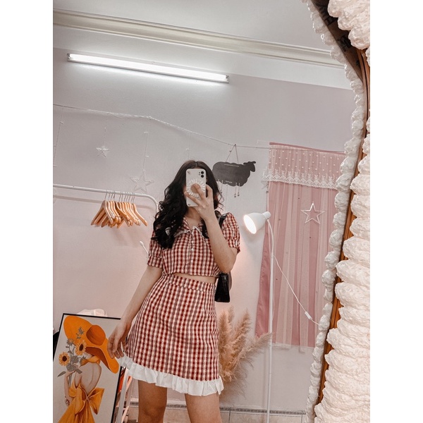 Set váy croptop kẻ ca ro xinh sắn có lót trong váy