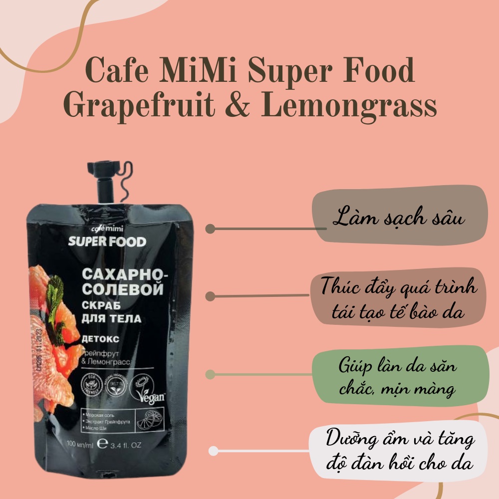 Tẩy tế bào chết cafe MiMi Super Food 100ml / Body Coffee &amp; Cinnamon 120g mang đến làn da body sạch sâu và mịn màng