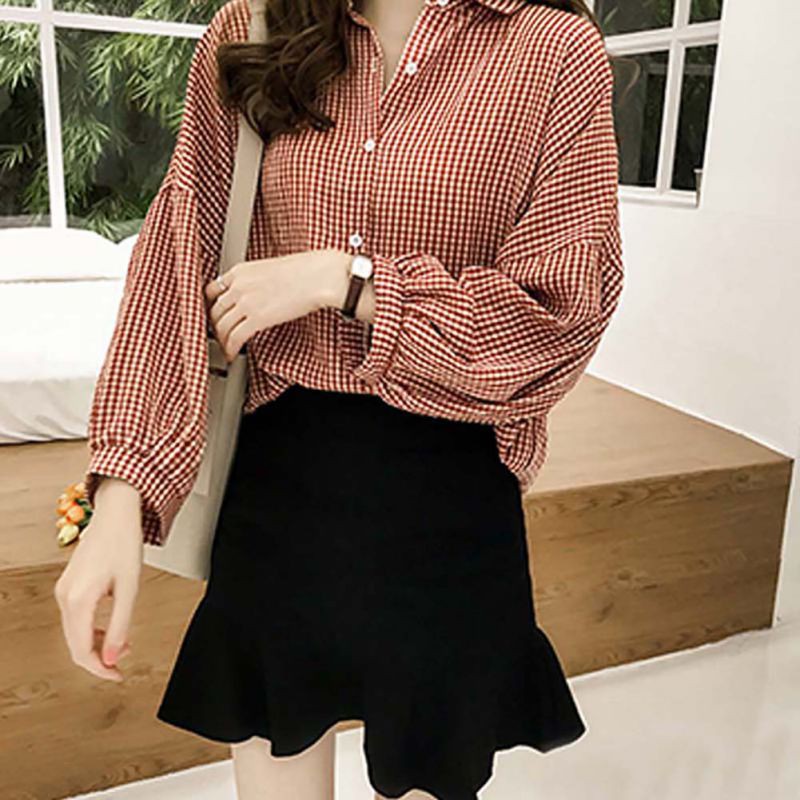 Áo sơ mi ca rô tay dài thời trang thanh lịch cho nữ