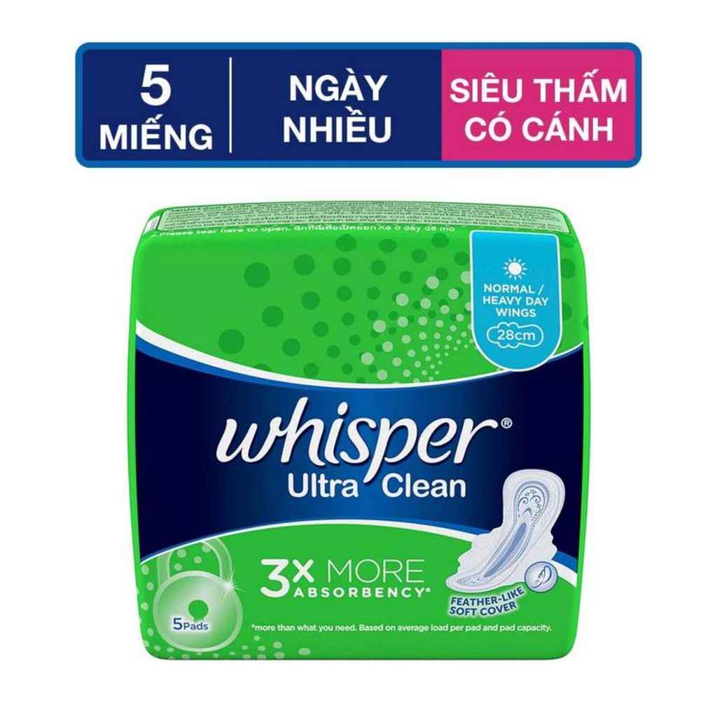 Băng vệ sinh ban đêm Whisper Ultra Clean 28cm gói 5 miếng.