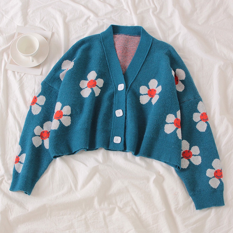 Khoác Len Cardigan Hoa Nhí | Áo Len Nữ Cardigan Croptop Cổ V Họa Tiết Hoa Nhí Dài Tay Xinh Xắn Ulzzang 2021 | BigBuy360 - bigbuy360.vn