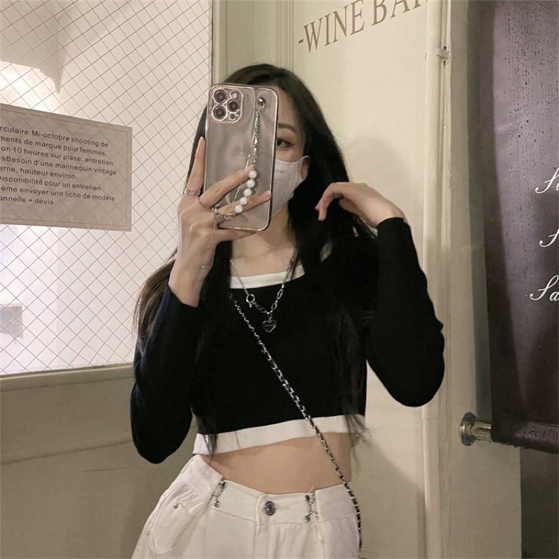 Áo thun dài tay croptop viền kẻ đen/ trắng, áo mặc thu đông <55kg