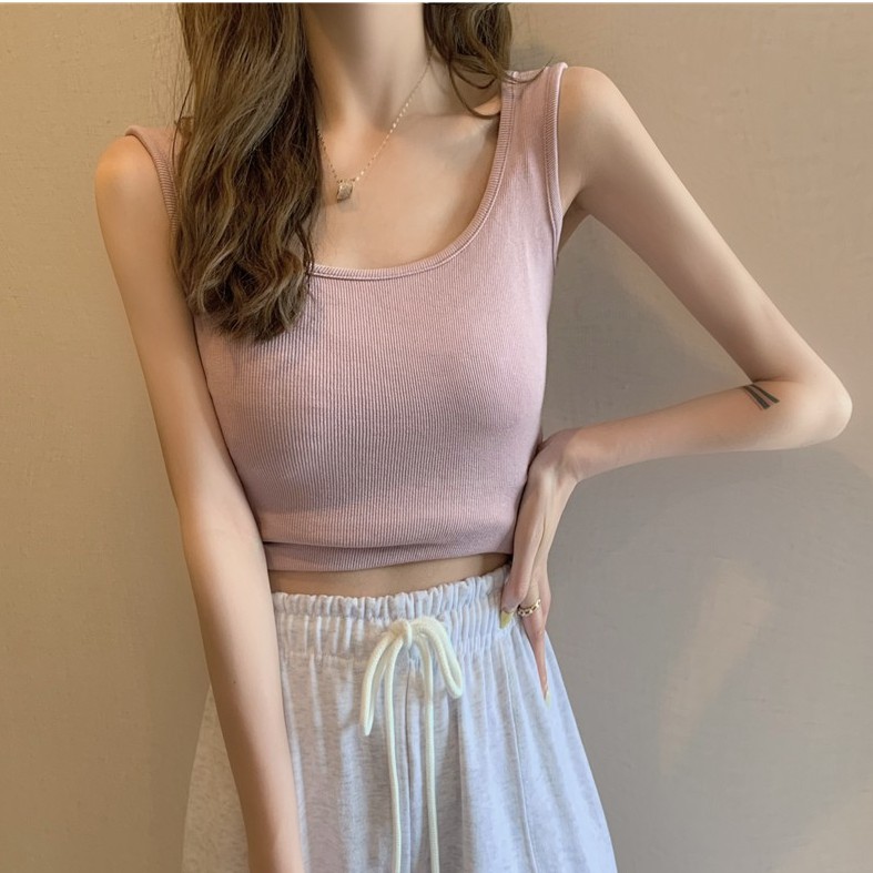 Áo croptop Xiaozhainv hai dây cổ chữ U màu trơn phong cách Hàn Quốc