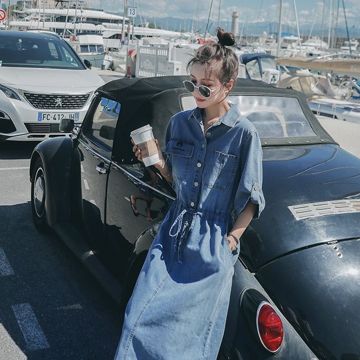 Đầm Denim Tay Lửng Dáng Dài Qua Gối Thời Trang Cho Nữ