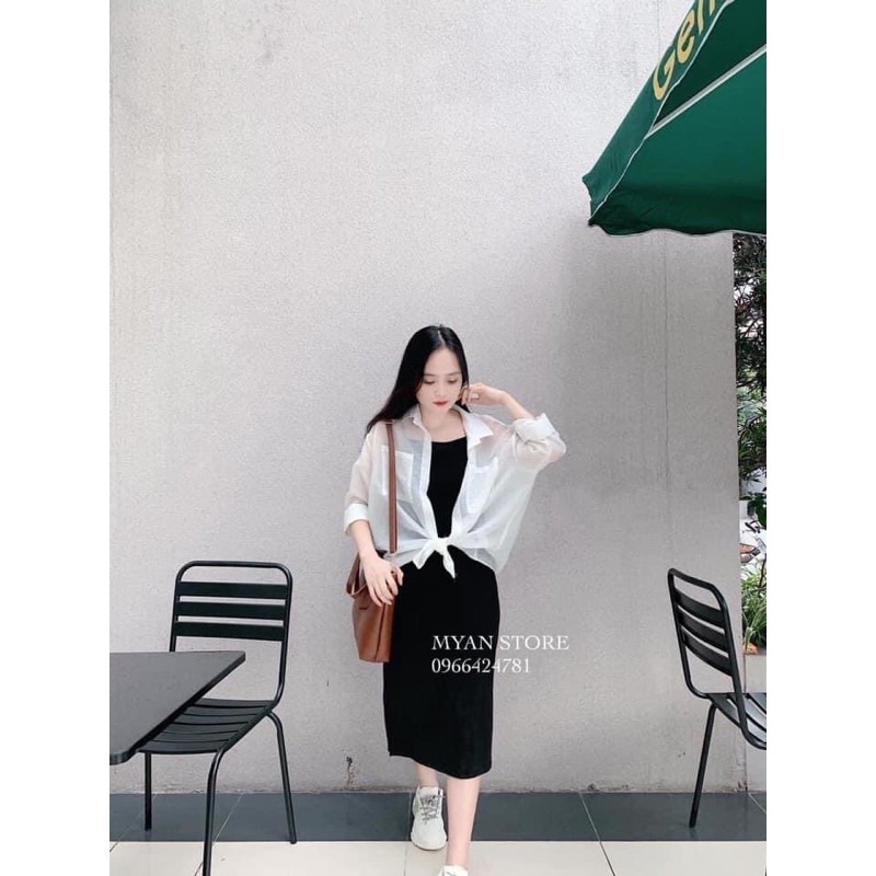 Set đầm body thun gân 2 dây và áo sơ mi khoác