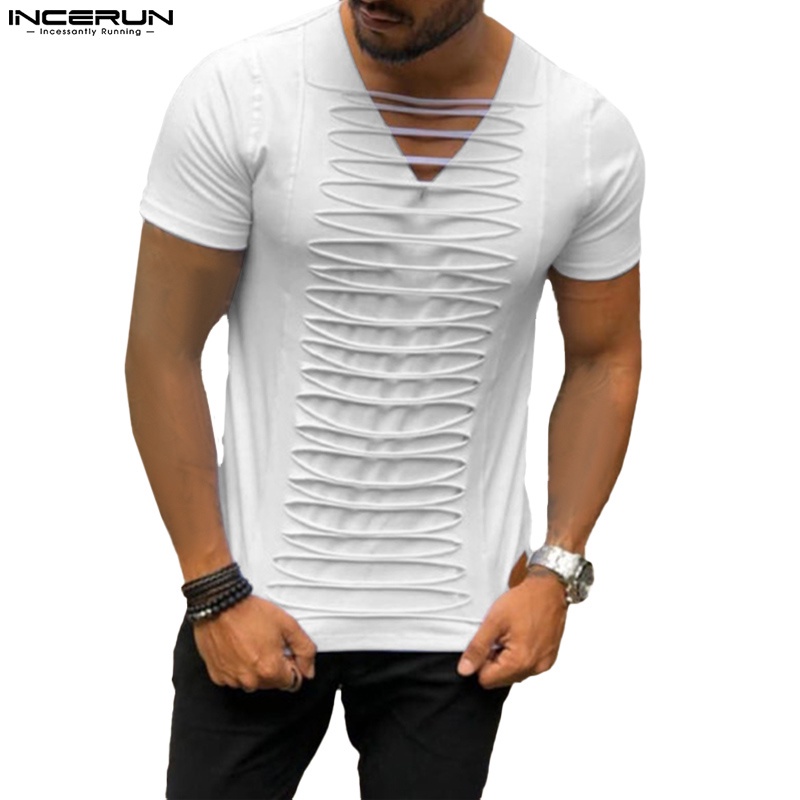 Áo thun INCERUN tay ngắn cổ V màu trơn đơn giản 3 màu tùy chọn