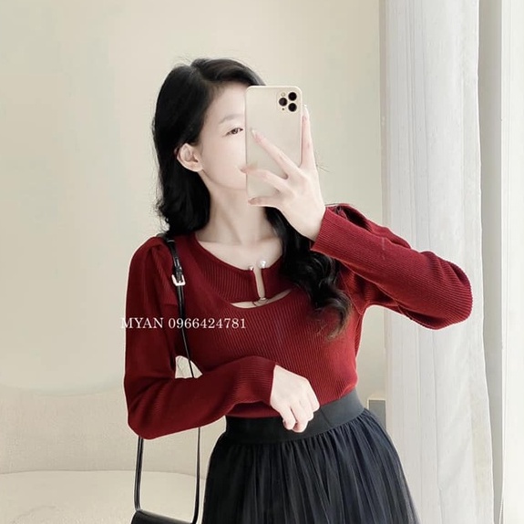 Áo Len Tăm Thu Đông Nữ MYAN Dài Tay Cổ Tròn Phối Ngọc Cut Ngực Màu Trơn Trắng, Be, Rêu, Đỏ, Đen, Nâu A102206 (765)