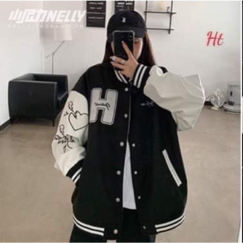 Áo bomber phối tay trắng H tim vỡ chữ H ht