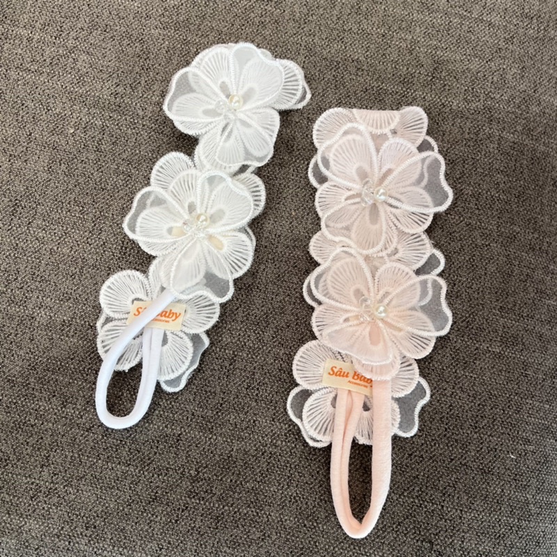 Bờm xước tóc, turban, kẹp hoa hồng trắng Hàn Quốc cao cấp cho bé