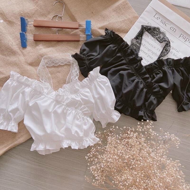 Áo Croptop Tay Ngắn Phối Ren Cổ C033 Cho Nữ Xinh Xắn Dễ Thương