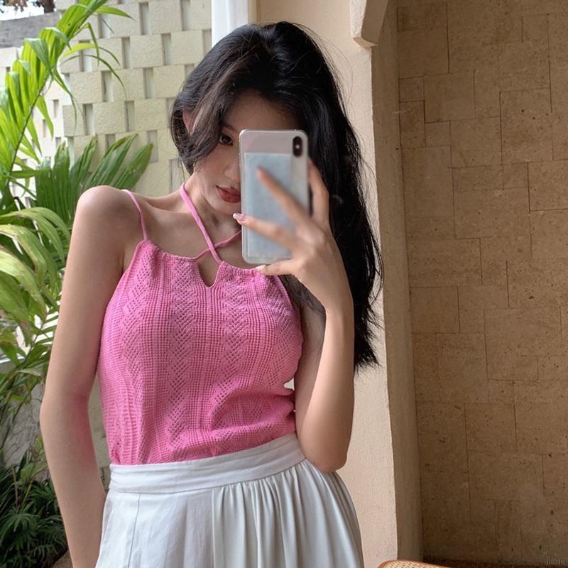 Áo tank top dệt kim cột dây màu trơn quyến rũ cho nữ Camisoles