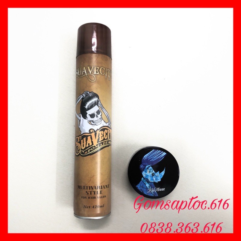 Gôm xịt tóc nam SUAVECITO 420ml kèm sáp vuốt tóc blumaan tê giác xanh tặng lược tròn