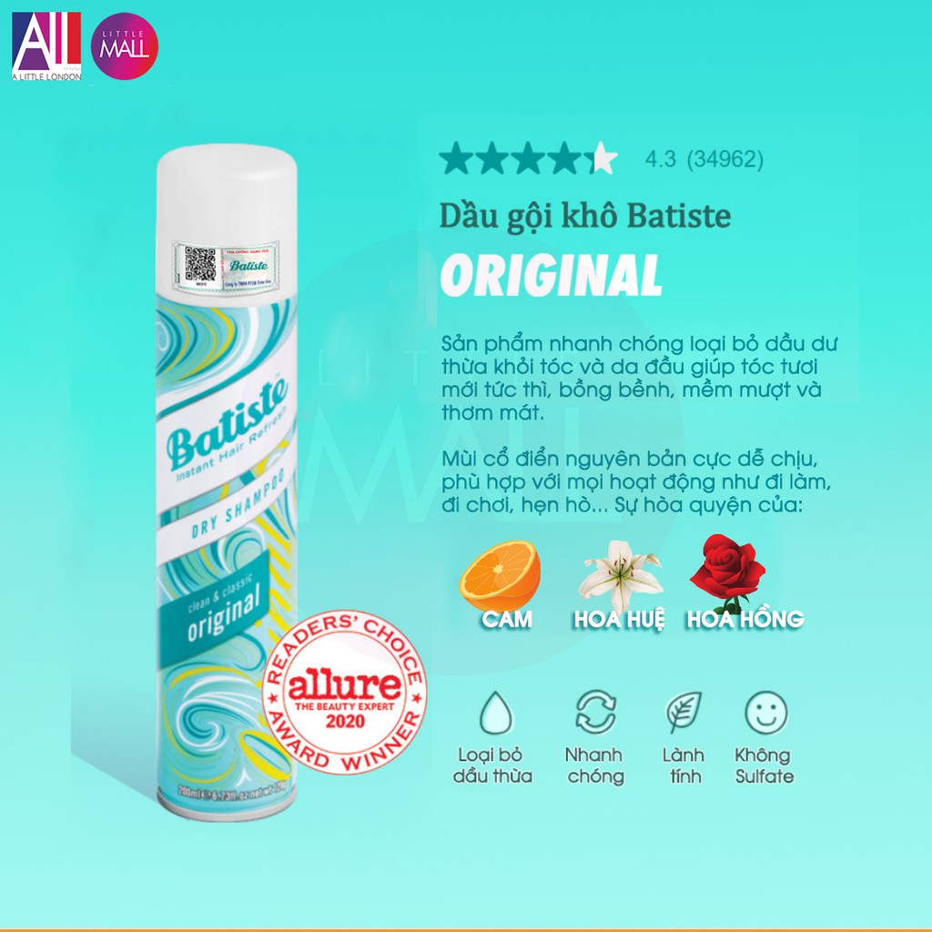 Dầu gội khô Batiste dry shampoo 200ml TẶNG mặt nạ Sexylook (Nhập khẩu)