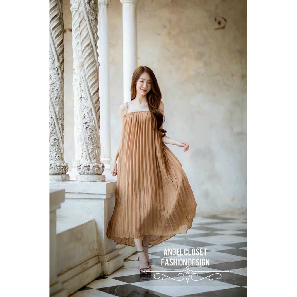 Đầm suông hai dây dáng dài xếp ly, đầm bầu, đầm maxi