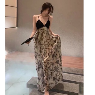 Đầm maxi hoa cổ V Quảng Châu phong cách Vintage