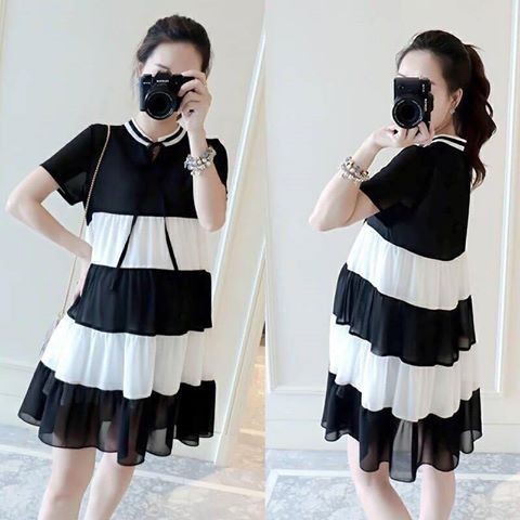 Váy bầu dáng suông VOAN LỤA  BABY DOLL phối đen trắng VTK22